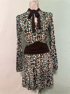 Y2K Vintage Long Sleeve Bow-Tie Leopard Print Dress Turquoise Brown size medium